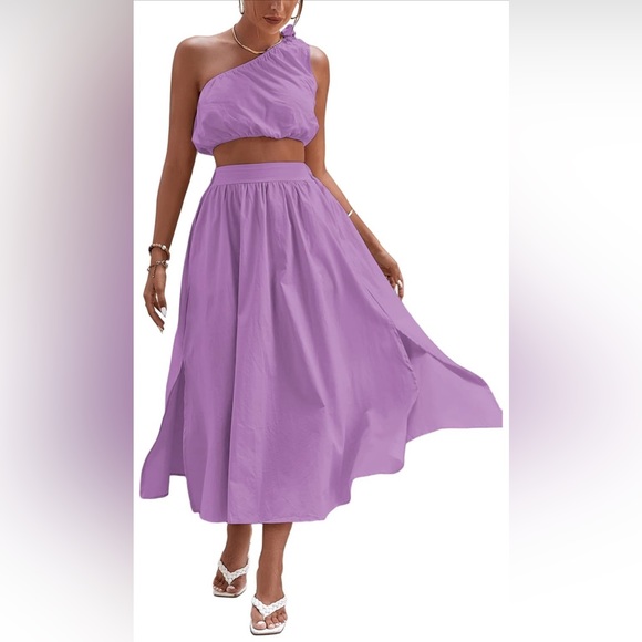 LYANER Women's👱🏽‍♀️2 Pc 1 Shoulder Crop Top&SideSplitMidiSkirtSet wPocketsSz L - Picture 9 of 11